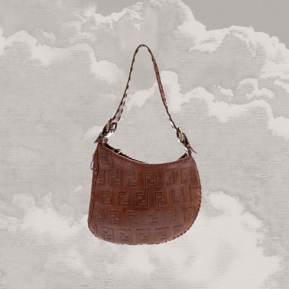 FENDI Logo SIgnature Leather Oyster Shoulder Bag Hobo Y2K Cognac whipstitch